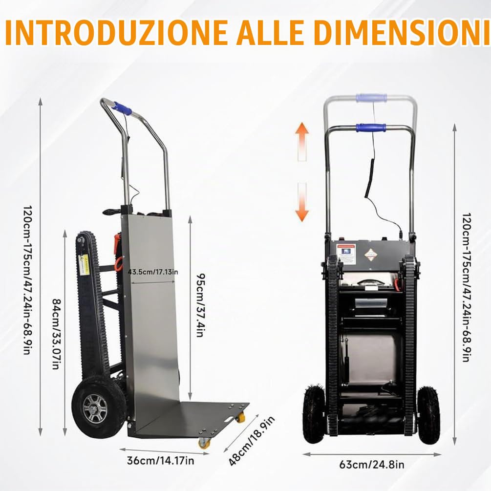 Carrello Elettrico A Mano - Scale su E Giù Carrello Elettrico per Salire Scale, con Maniglia Telescopica Motore Brushless da 1200 W Batteria Rimovibile da 48 V/36 Ah (07)