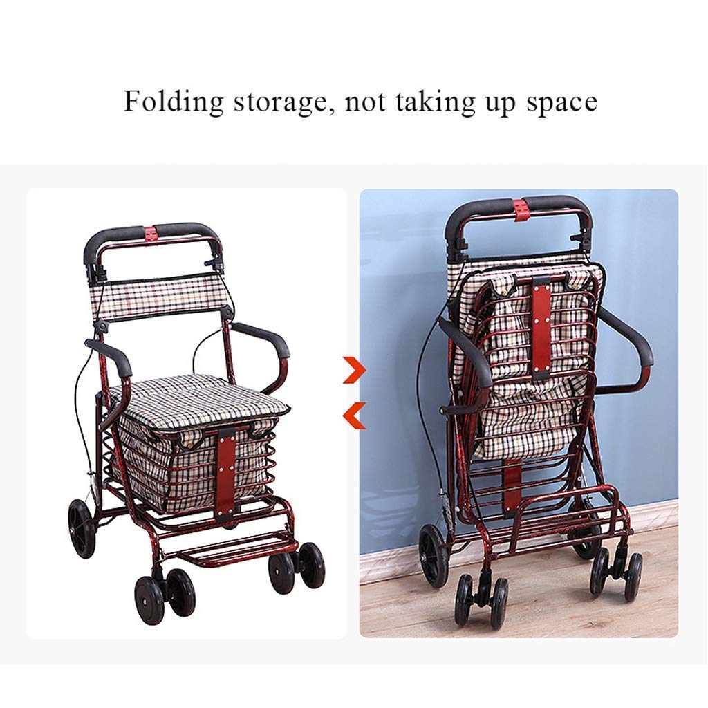 Cestino per Camminatori per Anziani, Carrello per la Spesa Pieghevole per Anziani, Carrello in Acciaio al Carbonio di Grande capacità con Sedile, Cestino per Camminatori per anzian