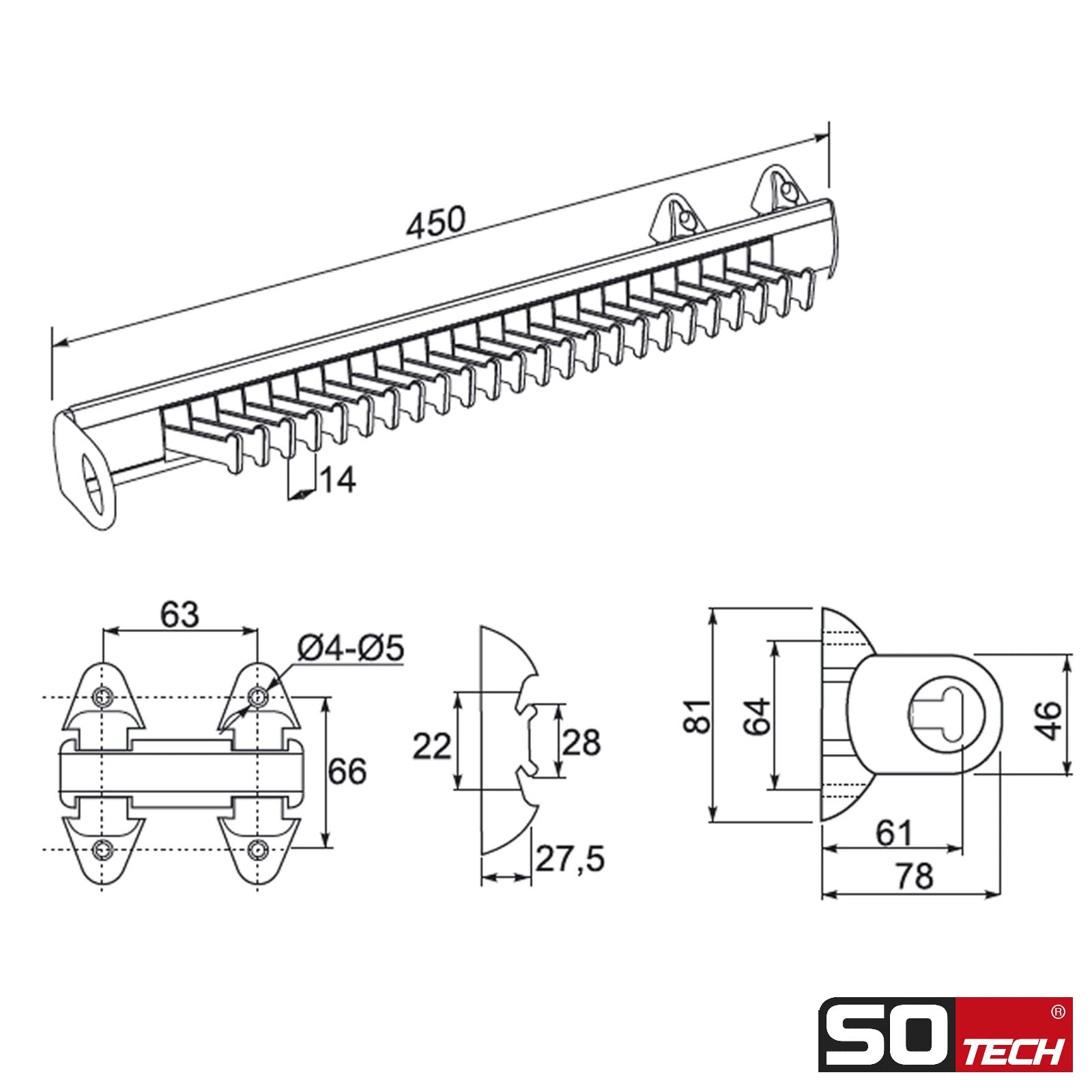 Portacravatte Estraibile SOTECH - Per Guardaroba, Argento/Nero, 450mm - Tiene Fino A 30 Cravatte - Foto 2