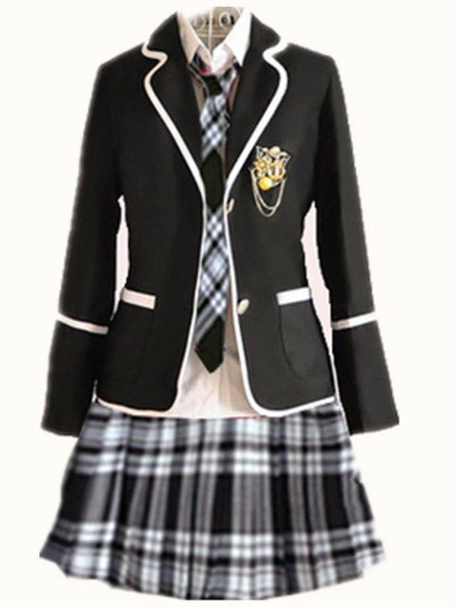 Student School Kleidung Mädchen 2-teiliger Rock Anzug Streetwear College Harajuku A Line Rock + kurze Jacke Hohe Taille Faltenrock - schwarz blau, M