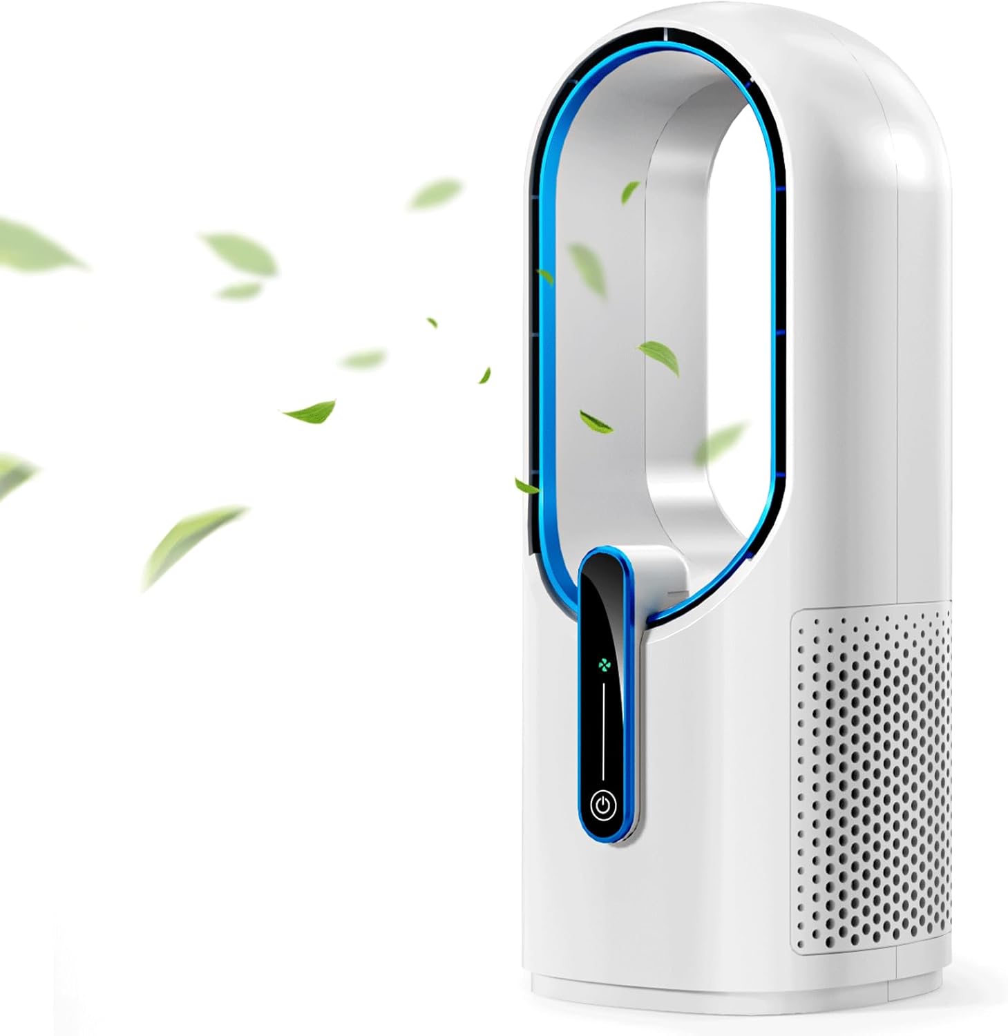 Misby Desk Fan, 11.8 Inch Portable Bladeless Fan, Small Office Rechargeable Fan with 5000mAh Battery, 3 Adjustable Speeds, Touch Control, Easy to Clean, Quiet Table Fan for Bedroom, Home (White) White/Blue