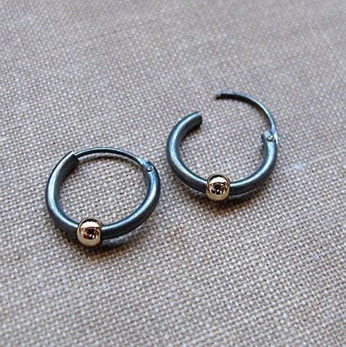 Miniatura 9 de Unisex Black Earrings with Gold Beads, Huggie Hoops for Men - Dark Earrings - Sterling Silver Jewelry - Floating bead hoops - hypoallergenic Hoops