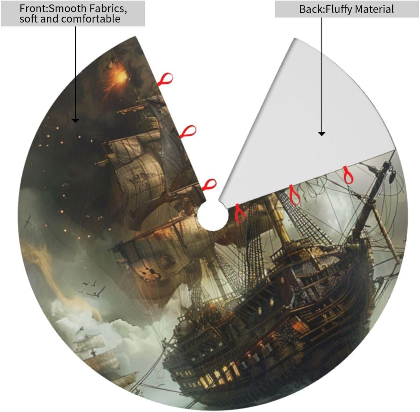 Cool Pirate Ship Printed Christmas Tree Skirt 48 Inch Double Layers Soft Xmas Tree Skirts Base Floor Mat for Holiday Party Decoration Ornaments