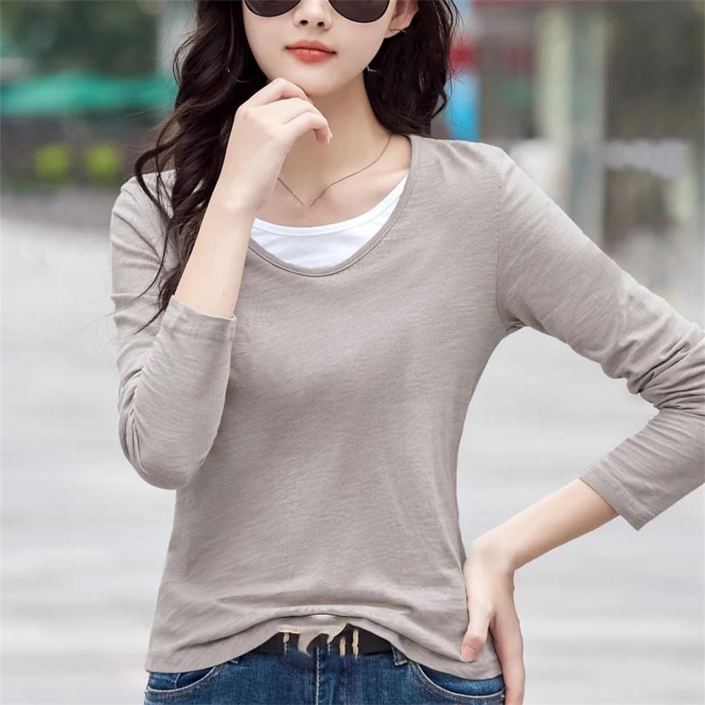 Women's Long Sleeve Leisure Loose T Shirts Cotton Fake Two Pieces V-Neck Knitted T-Shirts Tops