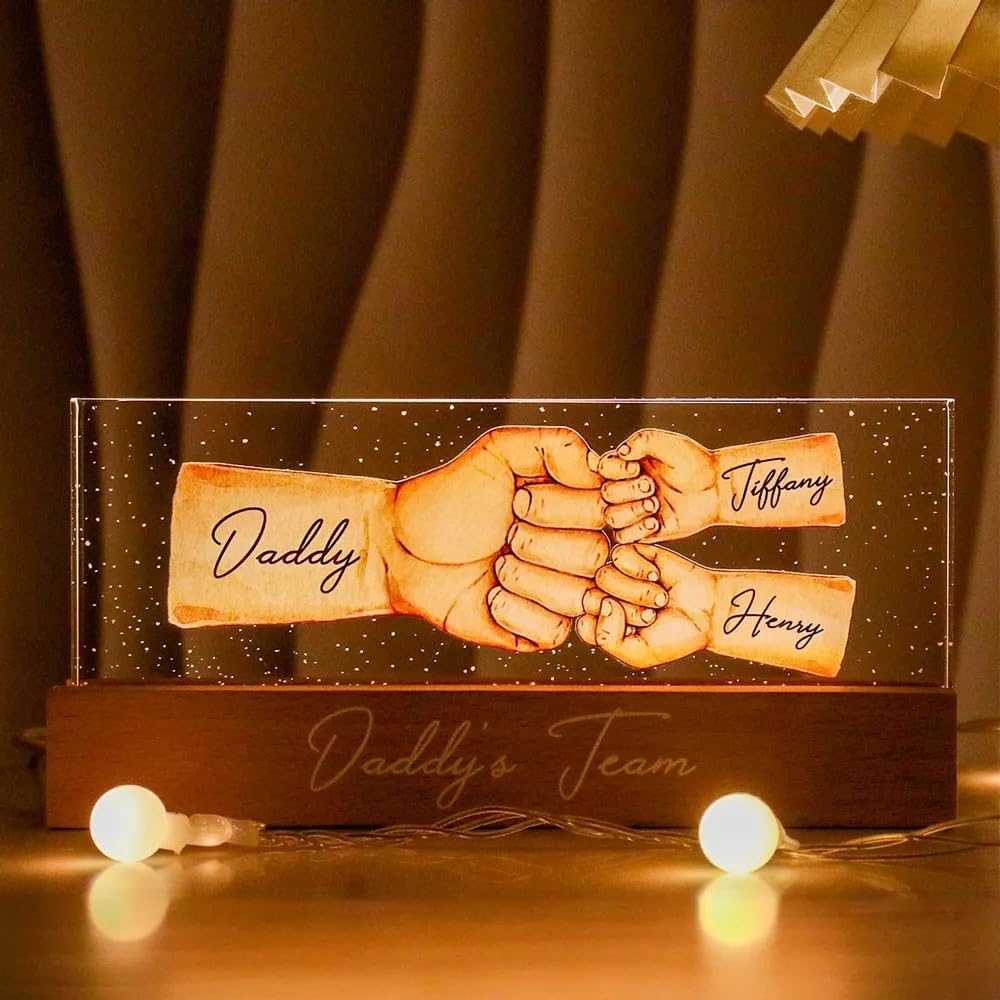 WOMB Daddy's Team Fist Bump Personalized Acrylic 3D Night Light, Father's Day Gift for Dad Grandpa, Fist Bump Family Hands, Dad Birthday (3 Colours)