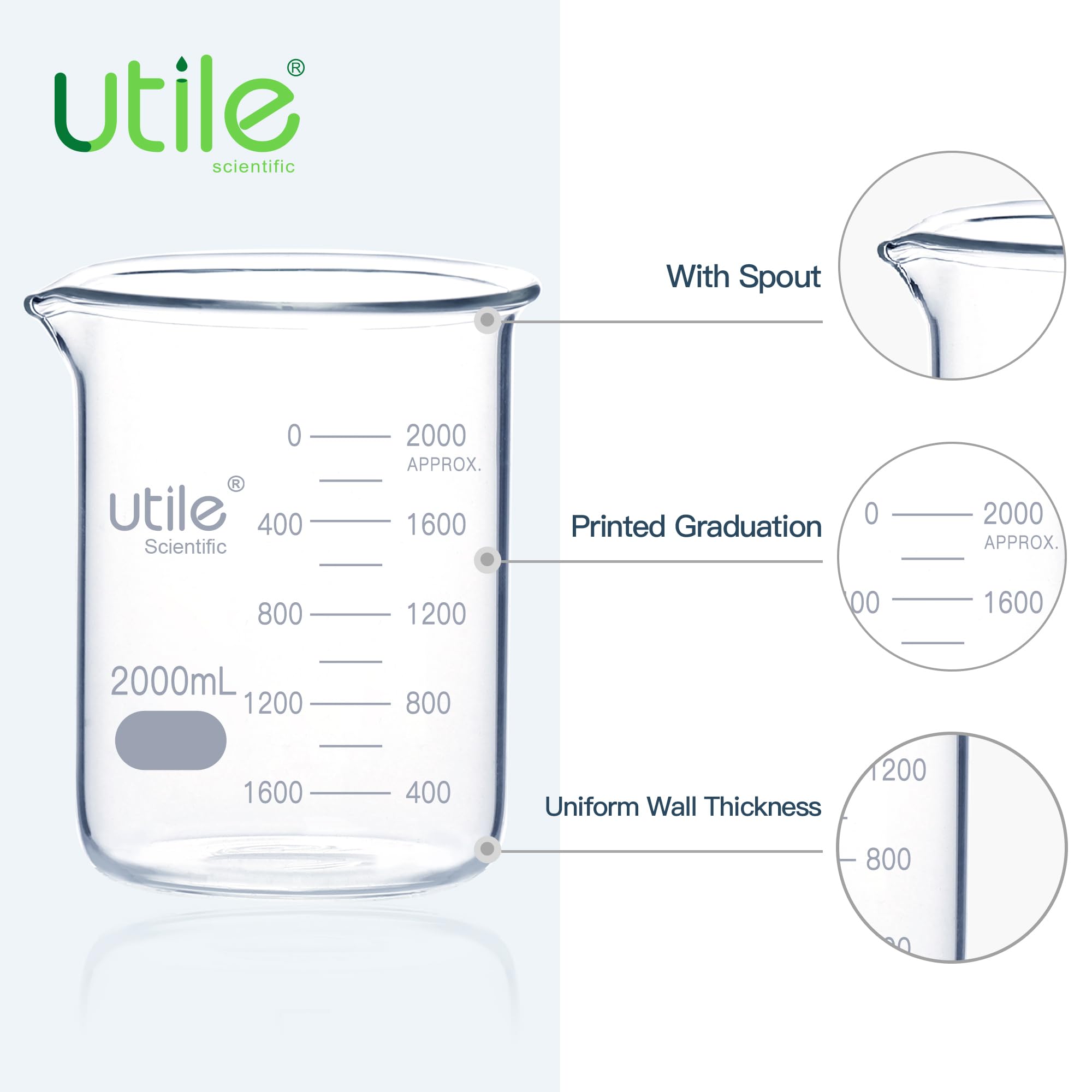 Utile Juego de 2 vasos de vidrio, vol.2000 ml, vaso de vidrio con graduación impresa a doble escala, 4000.2000.2-X