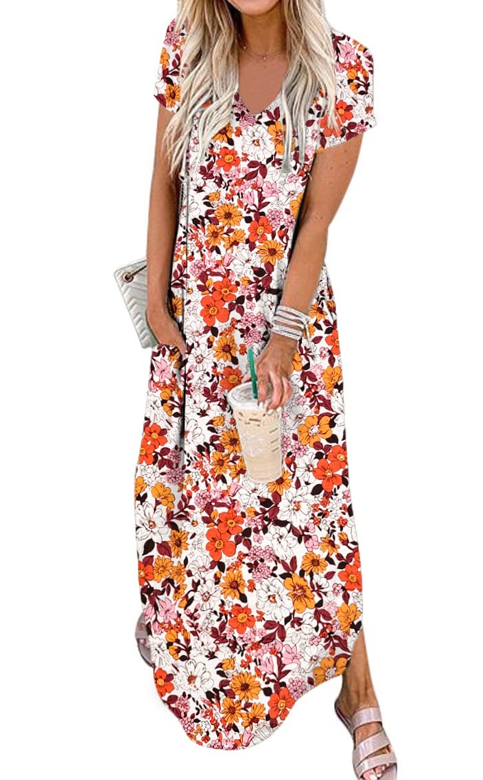Jeqeocafy Women Summer Long Sundress Crewneck Short Sleeve Maxi Dress 2026 Casual Loose Beach Dress with Pockets