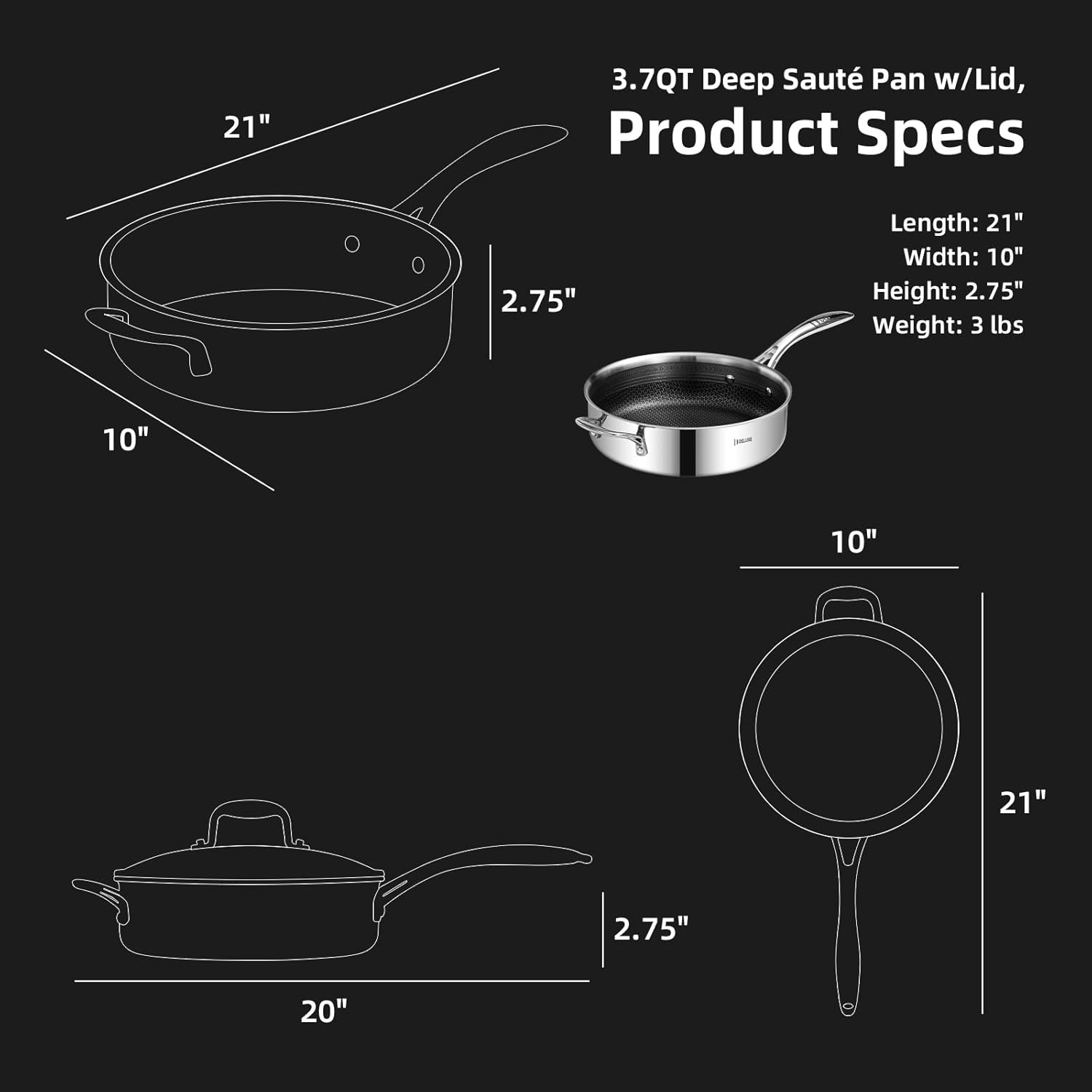 DELUXE Hybrid Ceramic Nonstick 3.7 Qt Deep Sauté Pan with Lid, Stainless Steel Skillet with Stay-Cool Handles, Dishwasher and Oven-Safe, PFOA Free Deep Frying Pan, Compatible with All Cooktops - Image 2