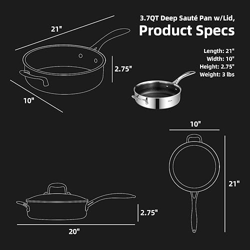 Miniatura 5 de DELUXE Sartén de cerámica híbrida antiadherente de 3.7 cuartos de galón con tapa, sartén de acero inoxidable con asas que se mantienen frías, apta