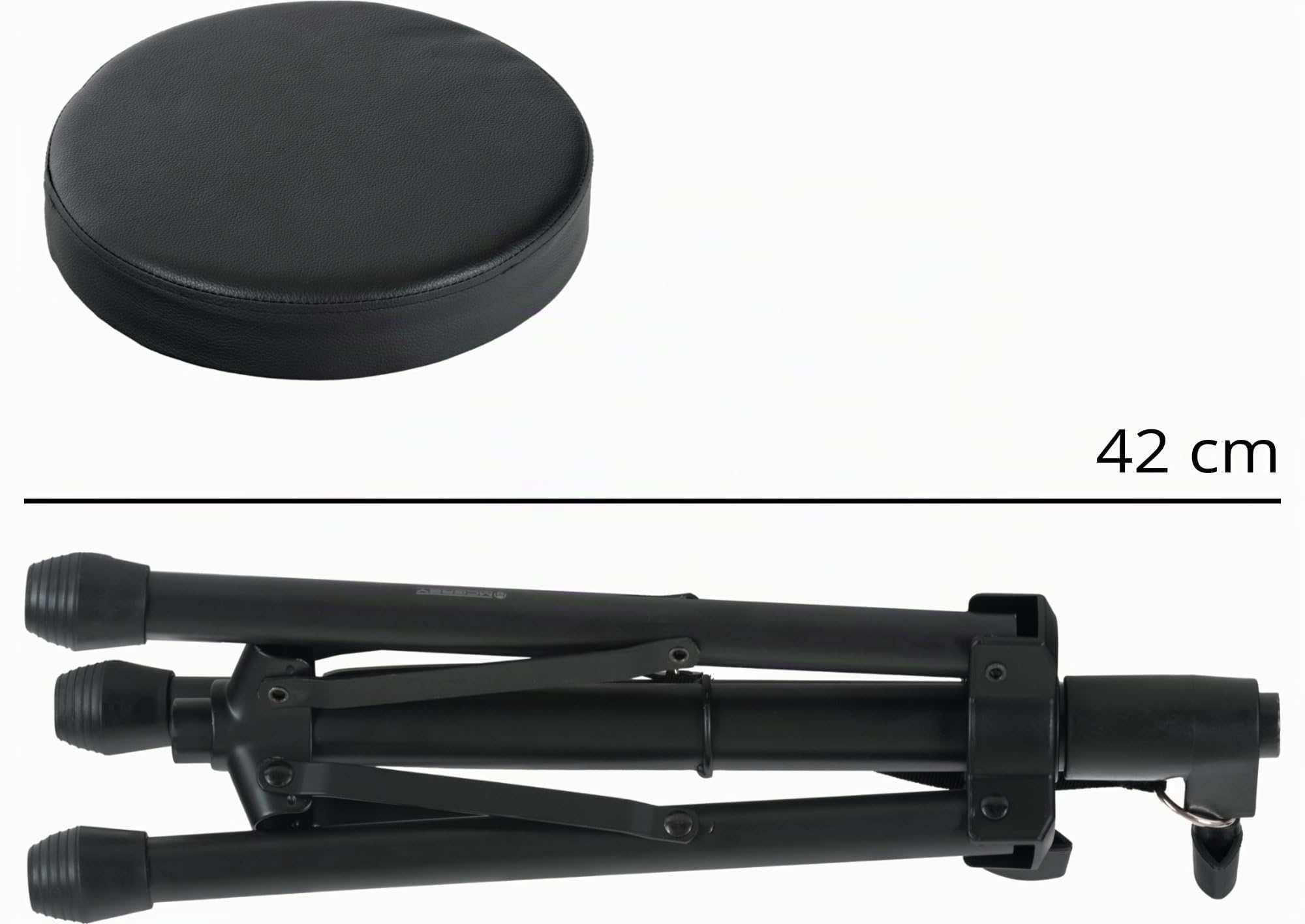 McGrey Taburete KD-10 Plegable y Ligero para batería, Ajustable en Altura, Compacto para Transporte, Asiento Redondo Acolchado y Estructura Estable de Tubo de Acero Negro.