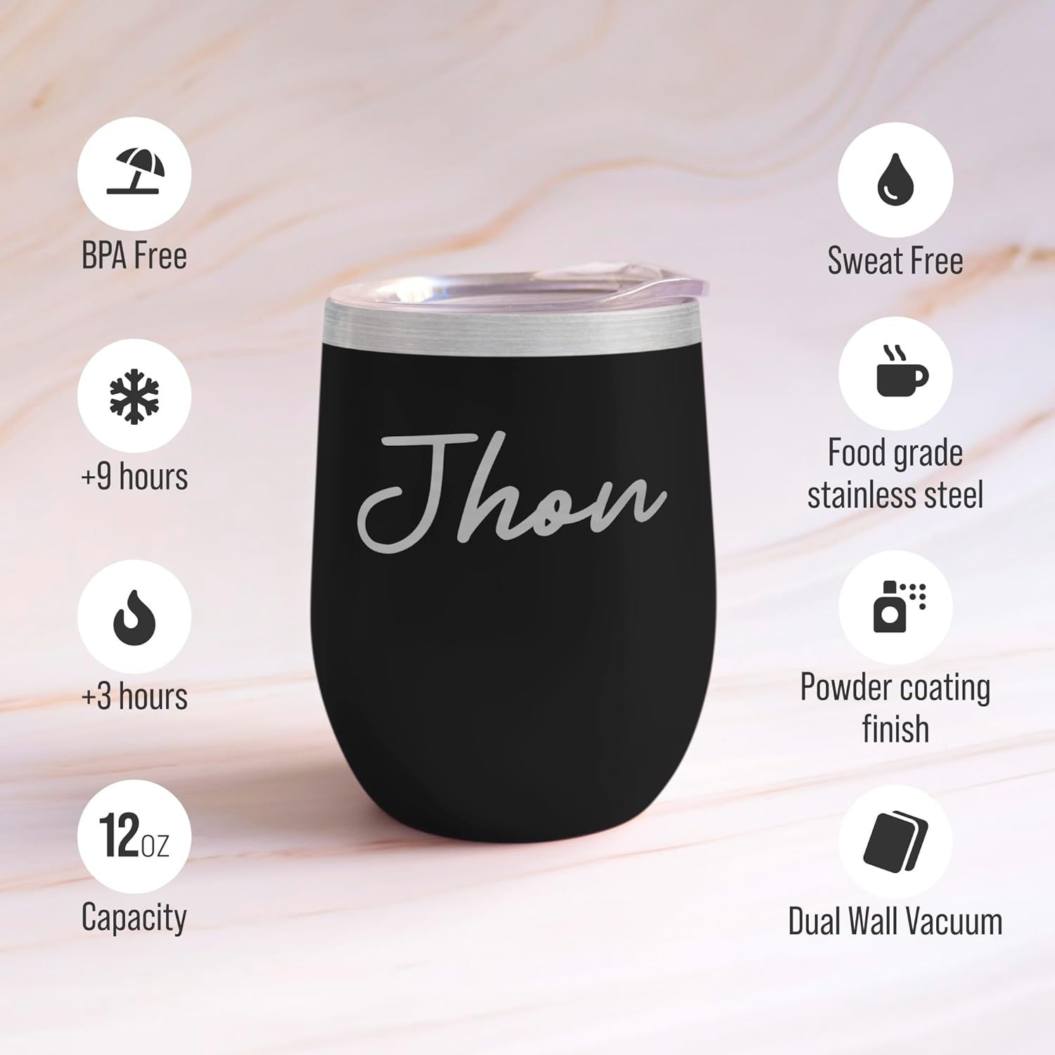 Personalized Wine Tumbler with Lid | Stainless Steel Coated Metal Engraved Insulated 12 oz Custom Cooler Glass Cup for Women & Men | Thermal Beverages Travel Coffee Mug with Text & Logo (Black)