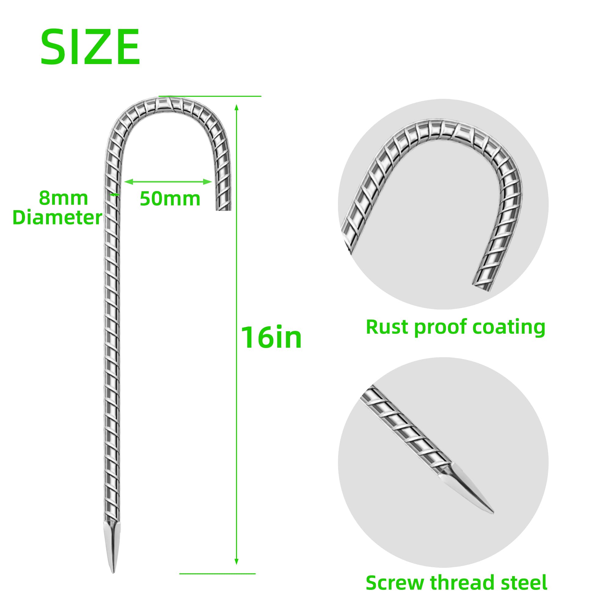 Lot de 10 piquets d'armature de jardin de 40,6 cm en acier galvanisé antirouille en forme de J, ancrages au sol robustes pour tentes, kits de position, clôtures et trampolines en tissu paysager