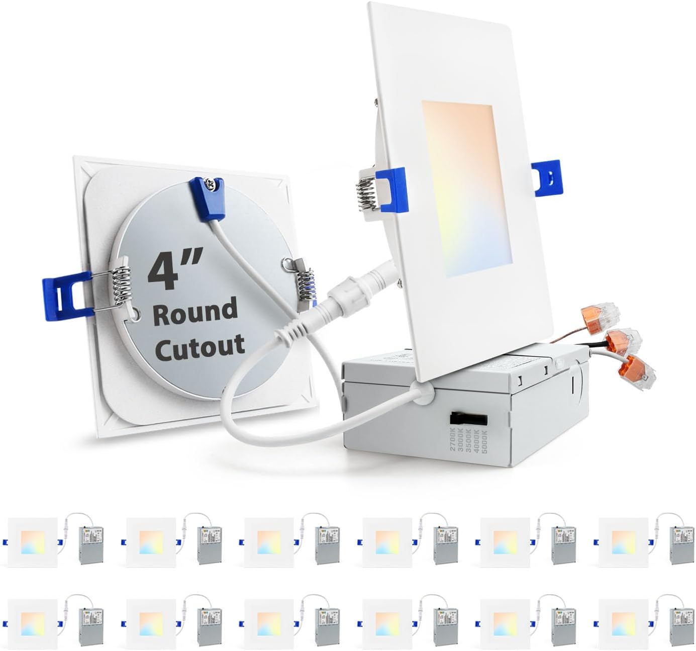zouzai 4 Inch Square LED Recessed Light for Round Cut Outs,Ultra-Thin 5CCT Selectable & Dimmable Downlight with Junction Box, ETL & Energy Star Certified【12 Pack White】