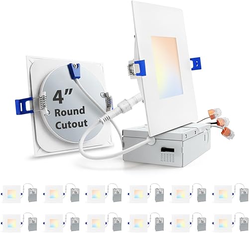 zouzai Luz empotrable LED cuadrada de 4 pulgadas para cortes redondos, ultrafina 5CCT seleccionable y regulable con caja de conexiones, certificado
