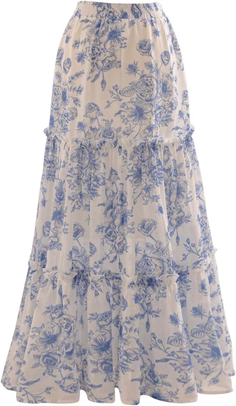 Verdusa Women's Floral Print Tiered Layered Long Skirt High Rise Ruffled Maxi Skirt