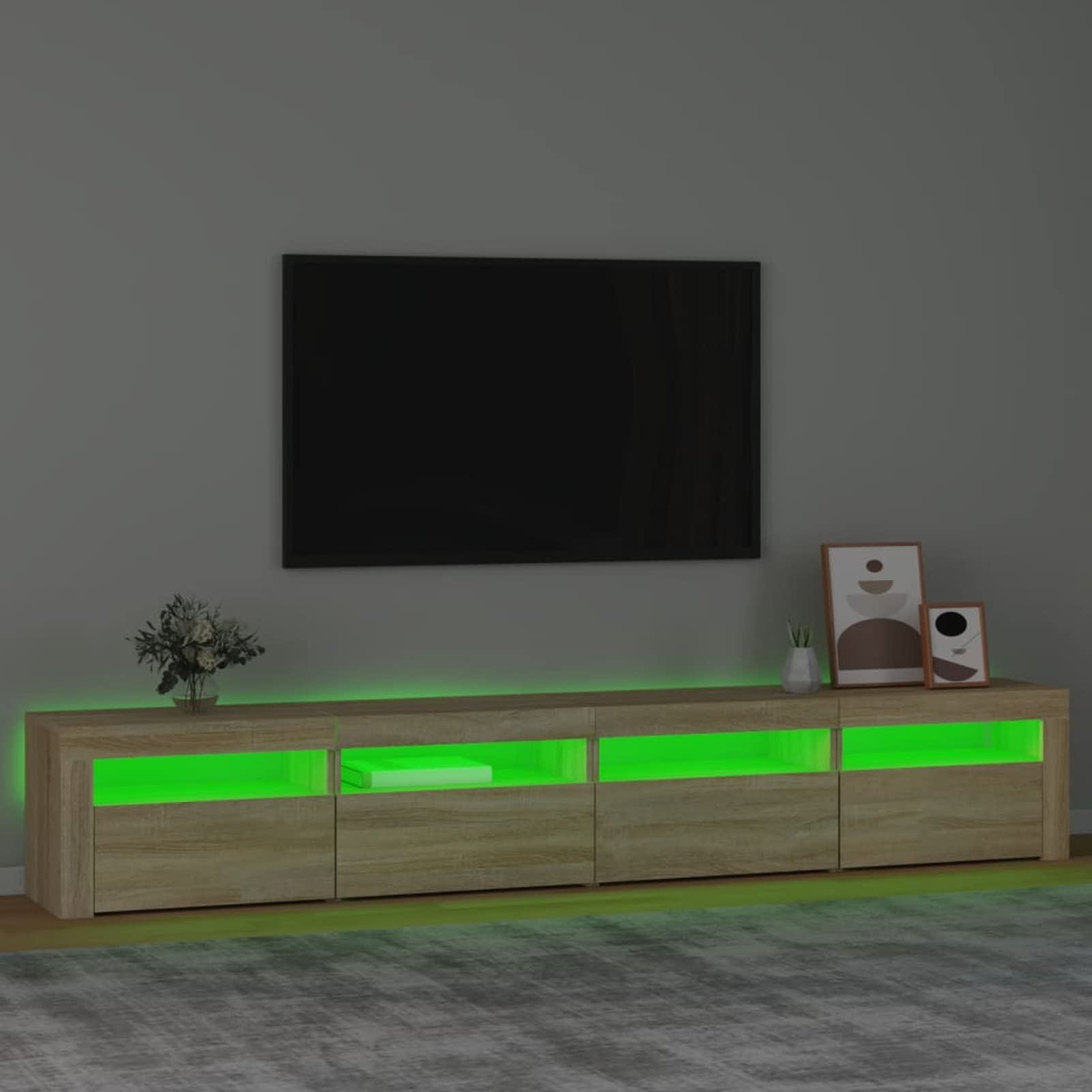 IKAYAA Mueble para TV de 240 cm Con Iluminación LED, Armario Bajo, Aparador Salón, Diseño Moderno y Elegante, Roble Sonoma, 240 x 35 x 40 cm