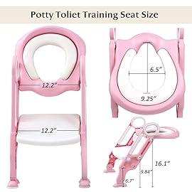 Potty Training Toilet Seat with Step Stool Ladder for Kid and Baby, Adjustable Toddler Toilet Training Seat with Soft Padded Seat, Safe Handles and Non-Slip Wide Steps, Pink White for Girls