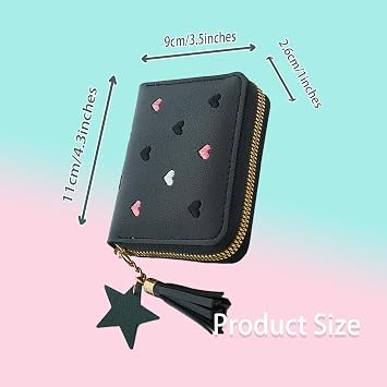Women's Wallets, Heart-Pattern Wallet for Women with Small Coin Pouch, Womens Leather Wallet Card Holder Ladies Wallets with Card Slots& Star Pedant (Black, S)