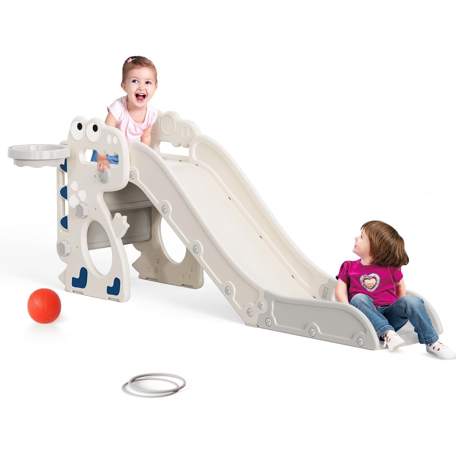 Scivolo per bambini, scivolo pieghevole 3 in 1, con canestro da basket, pallacanestro, lancio dell'anello, per età 18-36 mesi, scivolo extra lungo H650 x L330 x P1520mm (beige-grigio)
