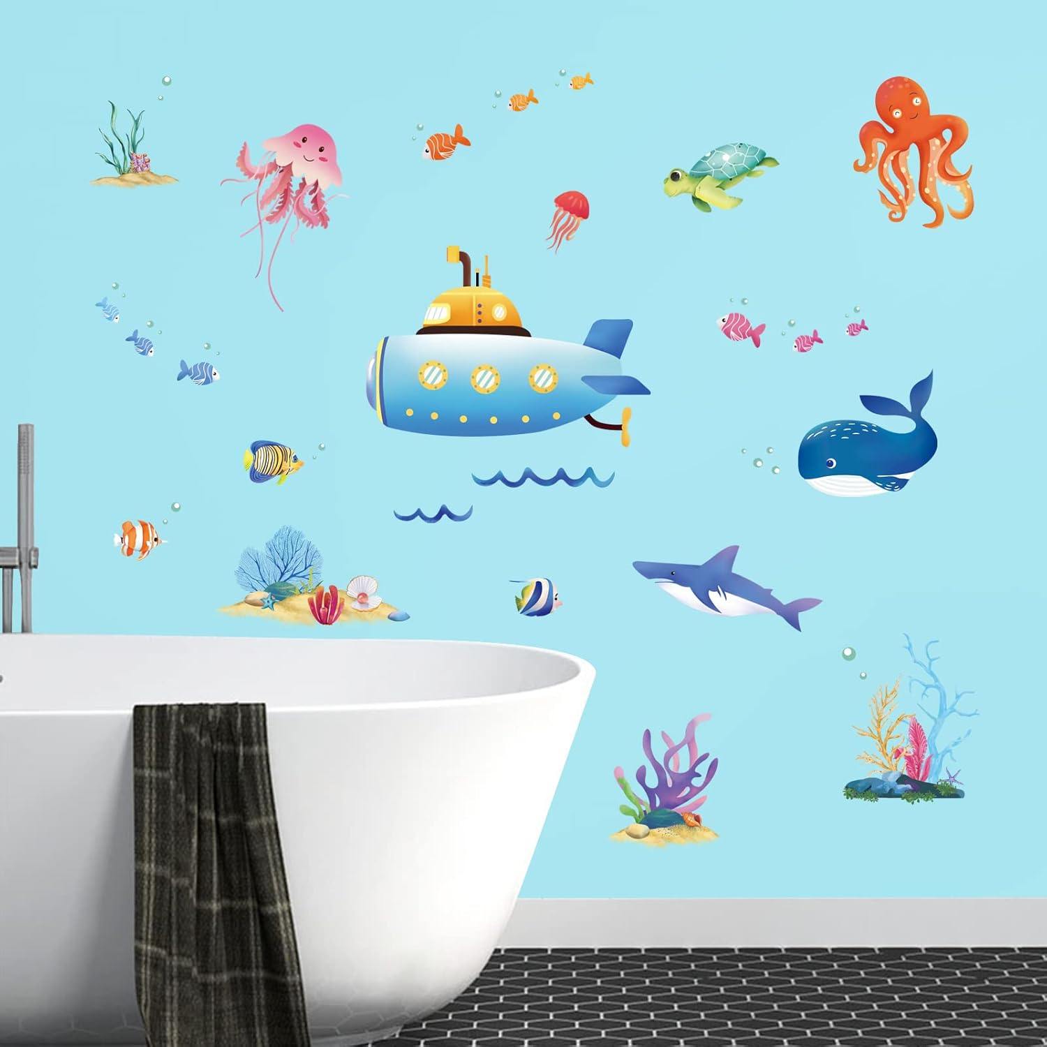 decalmile Under The Sea Submarine Wall Decals Whale Fish Jellyfish Wall