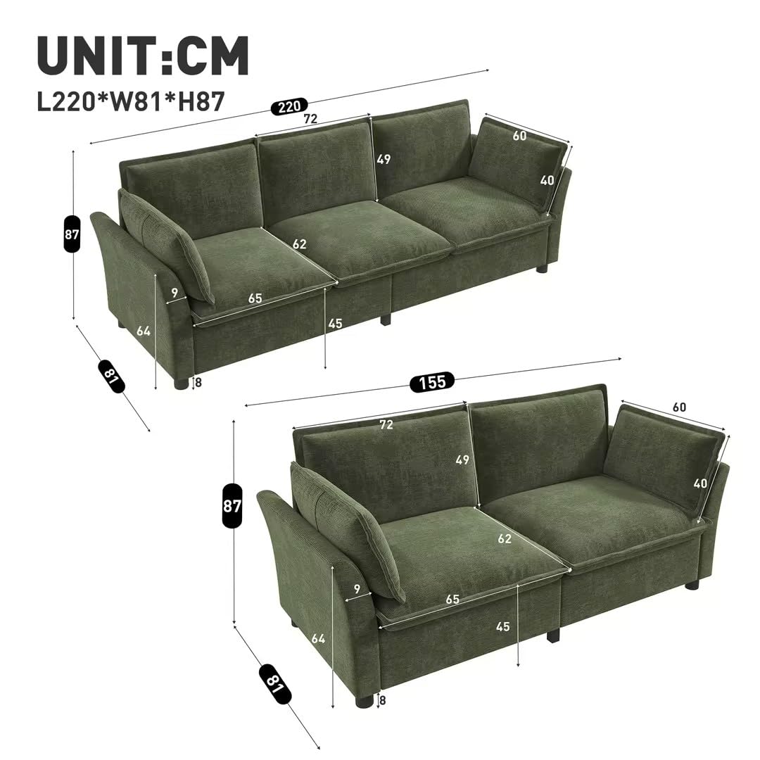 Idemon Combinación de sofá modular de 3 a 2, se puede combinar libremente, sofá de salón, tela de chenilla, 3 plazas + 2 plazas, con cojín, acolchado suave, comodidad en la nube, diseño moderno, verde
