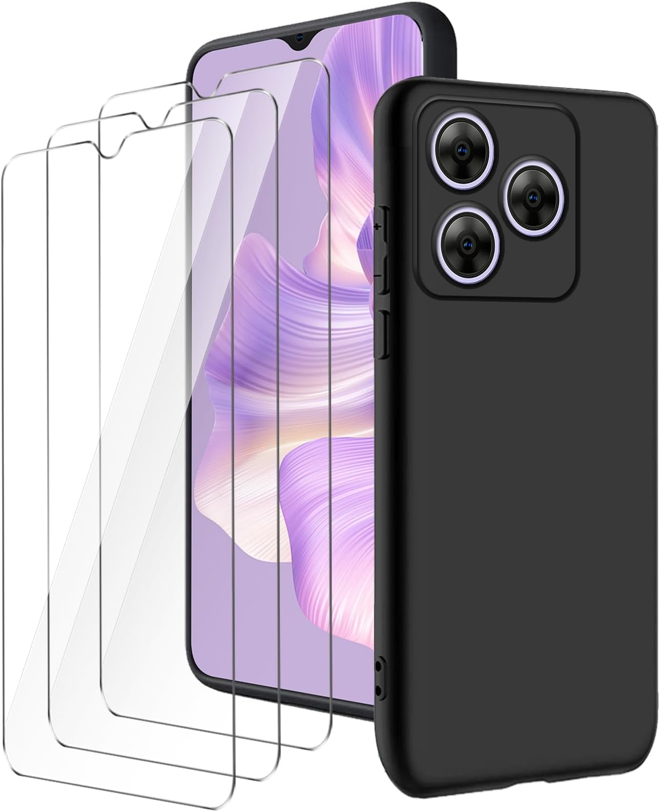 case for Blackview Wave 8/Wave 8C (6.56") Black mobile phone case + 3 pieces tempered glass protective film, soft silicone TPU protective cover