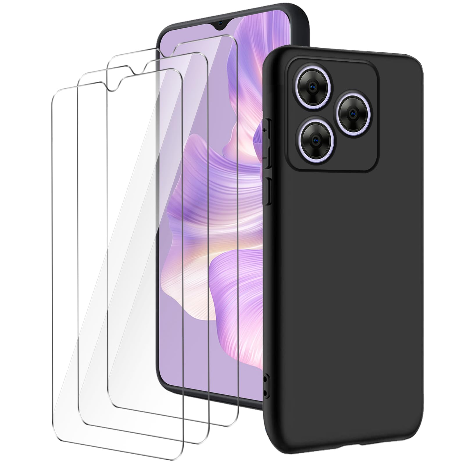 case for Blackview Wave 8/Wave 8C (6.56") Black mobile phone case + 3 pieces tempered glass protective film, soft silicone TPU protective cover
