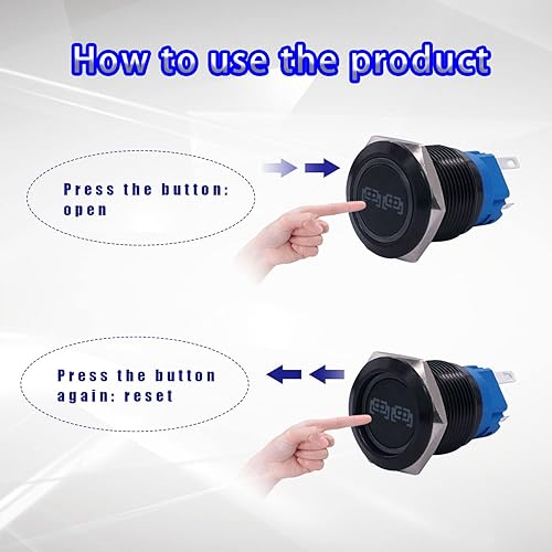 Miniatura 4 de mankk Interruptor de botón de bloqueo de 0748in LED rojo 12 V SPST encendidoapagado impermeable negro luces traseras de acero inoxidable 10 A 24 V