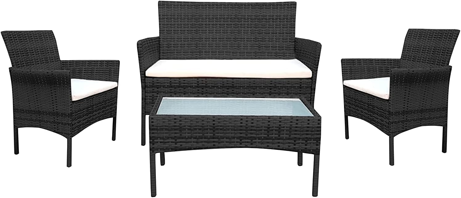 TrendiRattan Garden Furniture Set Heavy Duty Glass Coffee Table Chair Sofa 4 Piece Family lawn Indoor/Outdoor Lounge, Poolside, Garden, Balcony Conservatory Furniture (Black)