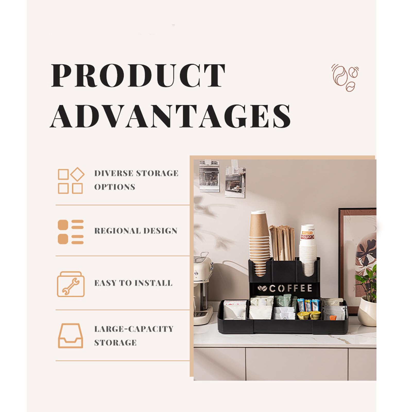 Portavasos compactos y de gran tamaño para un almacenamiento eficiente de tazas, pajitas y accesorios para bebidas, soporte de papel