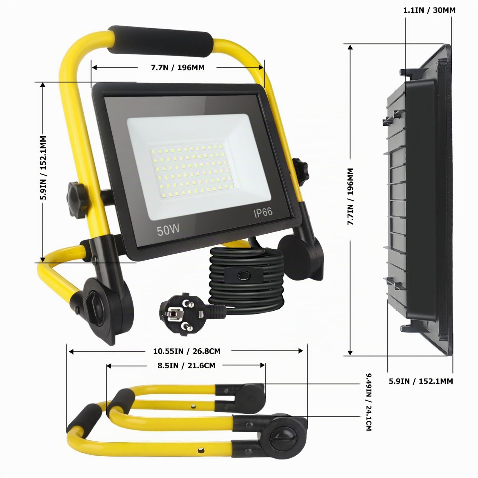 Luz de trabajo LED de 50 W, luz de trabajo súper brillante de 5400 lm, reflector portátil de 6000 K, luz blanca diurna, IP66 impermeable, luces de construcción con cable de 3,5 m, enchufe e