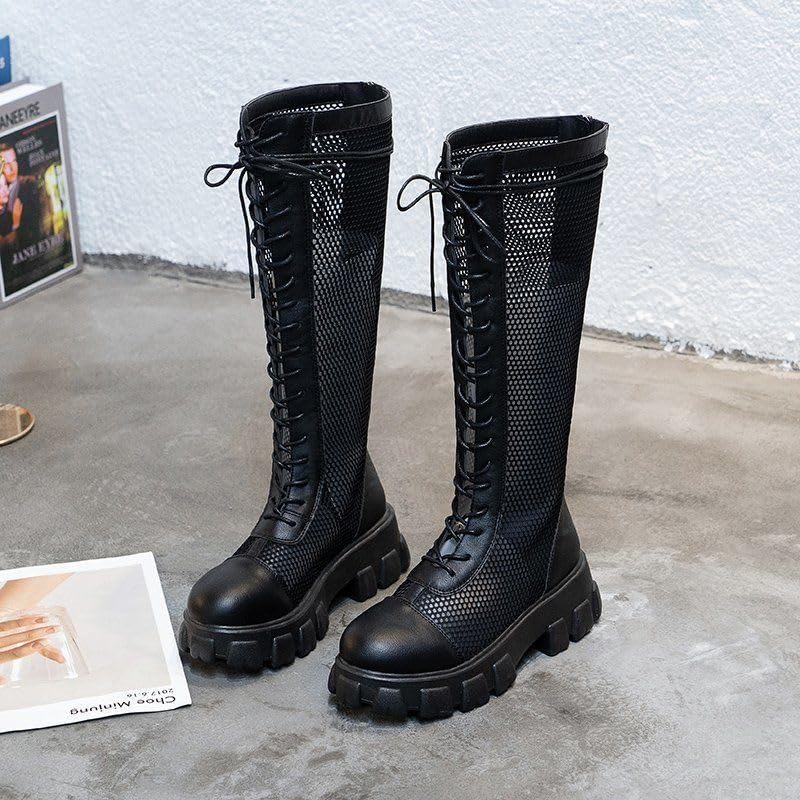 Knee High Mesh Boots for Women Closed Toe Platform Summer Boot Sandals Breathable Mesh Lace up Back Zip Summer Shoes3