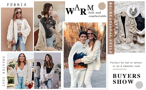 Ferbia Women Oversized Cardigan Knitted Cute Chunky Sweaters Wrap Long Fall Pom Pom Open Front Knit Beige #TOP5