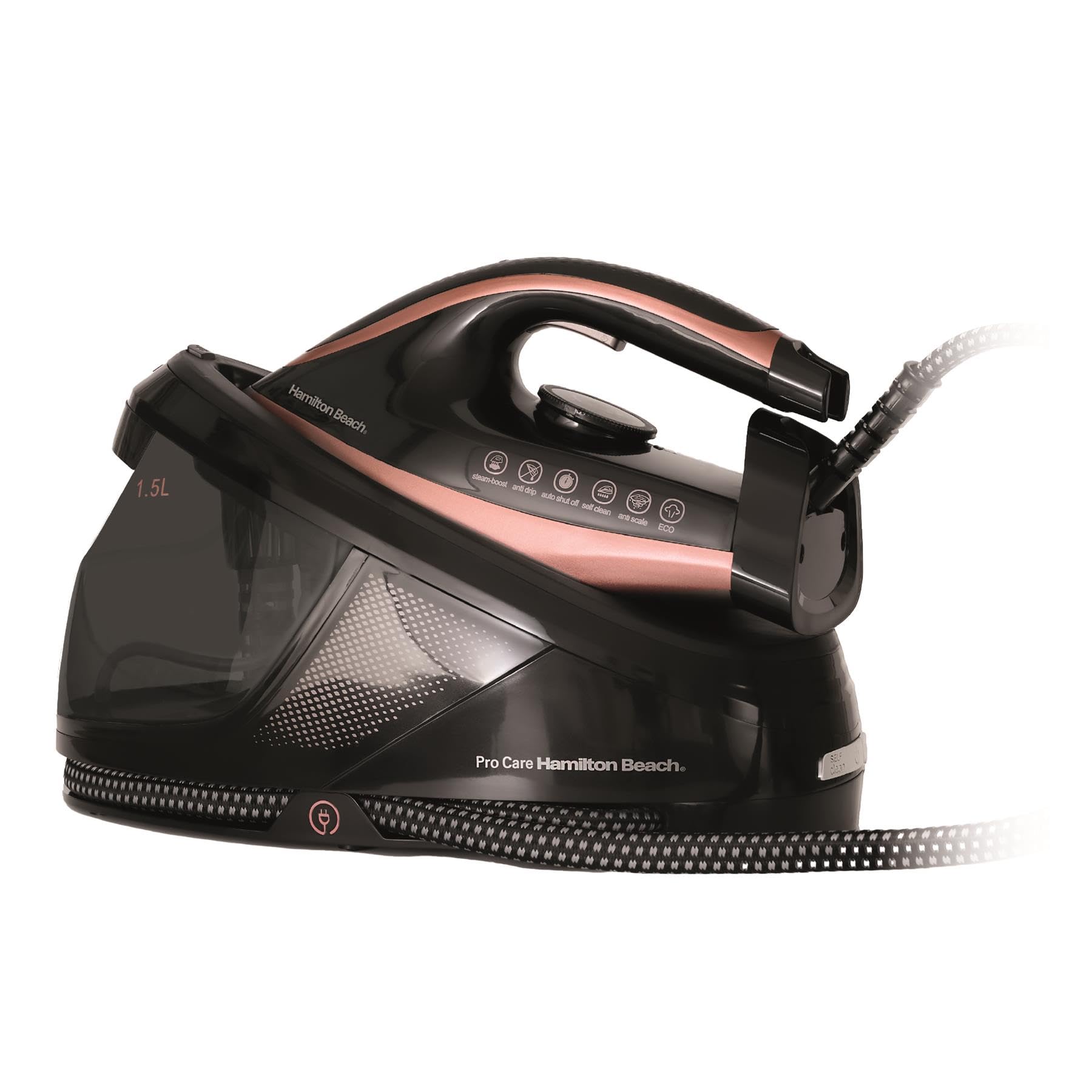 Hamilton Beach Steam Generator Iron, 3100W, Pro Care, 3 Bar Pressure, Vertical Steam, Non-Stick Soleplate, Anti-Scale Technology, Variable Temperature Control, Auto Shut Off, Black/Bronze - HB268SGBG