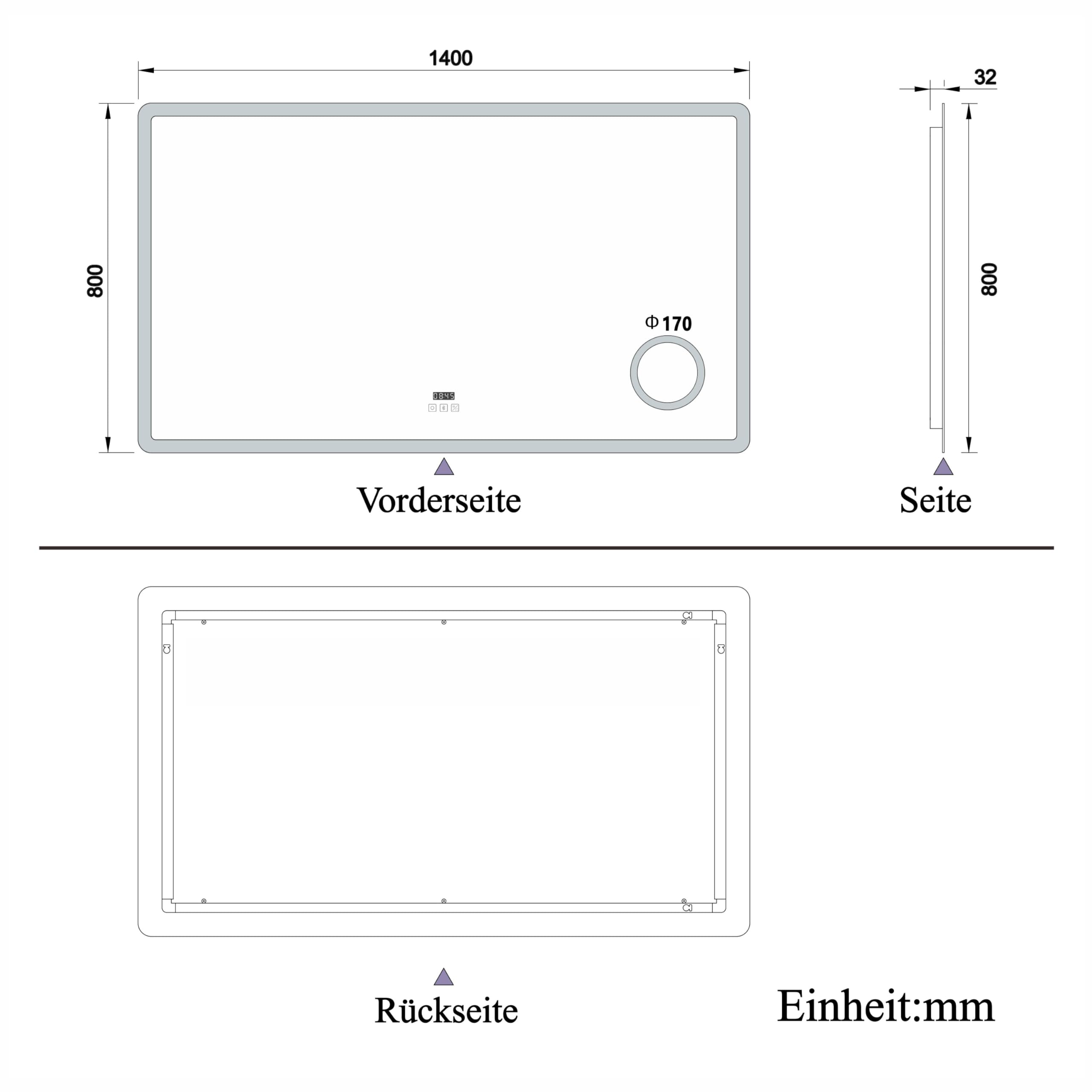 LED Wandspiegel 140x80cm Touchschalter Beschlagfrei Badspiegel mit Beleuchtung Bluetooth Uhr 3X Schminkspiegel 3 Lichtfarbe 3000-6500K Dimmbar IP44