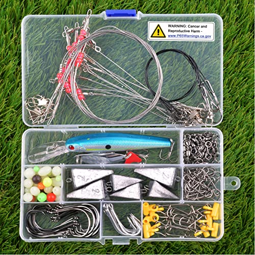 Saltwater Surf Fishing Tackle Kit 136Pcs Fish Finder Rigs Bait Rigs Include Pyramid Sinker Weights Sinker Slider Minnow Spoons Fishing Hooks Swivels Leaders Beach Ocean Fishing Gear Accessories #TOP5