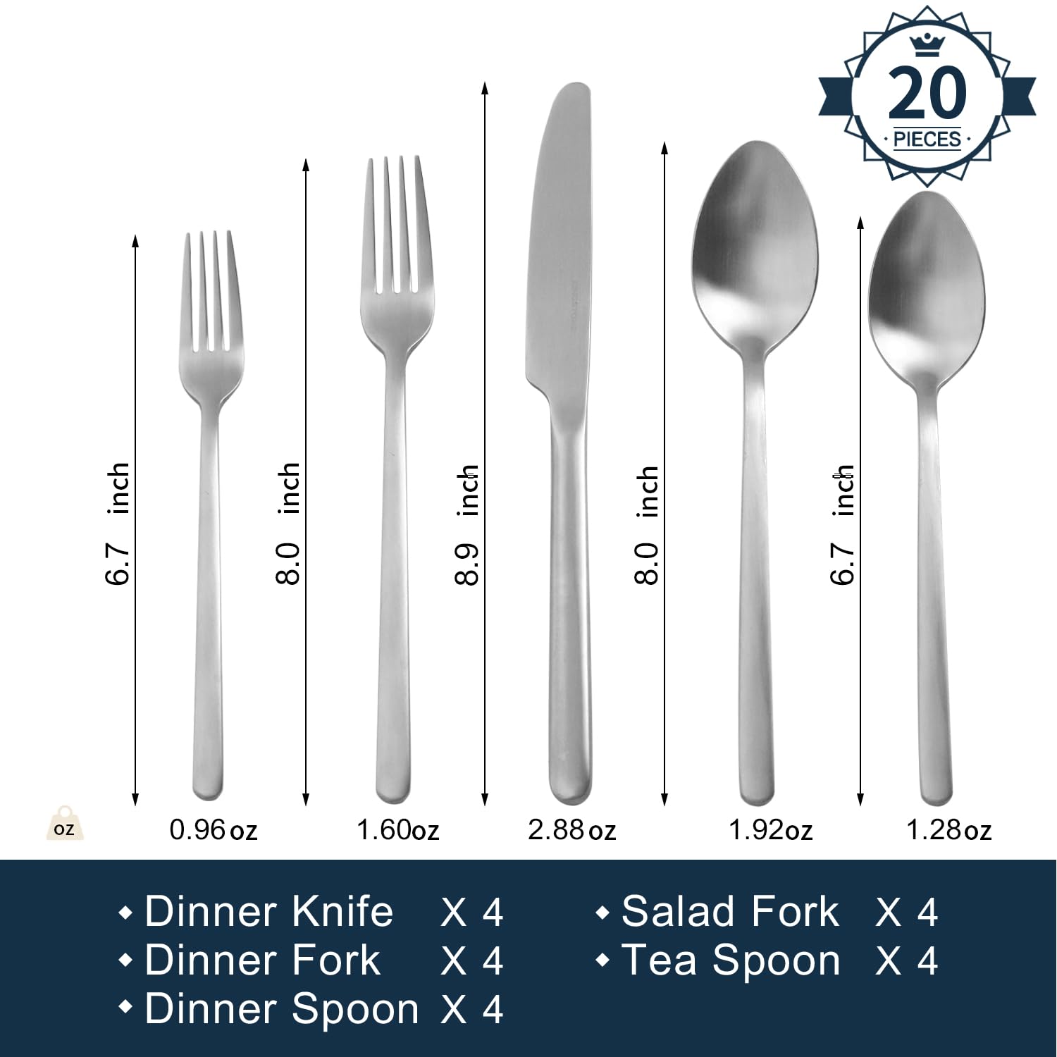 KINGSTONE Gold Silverware Set, 60 Piece Flatware Cutlery Set for 12, 18/10 Stainless Steel Silverware Mirror Polished Dishwasher Safe for Home, Restaurant, Wedding, Party(Gold, 60 pieces for 12): 20 pieces for 4 Matte Silver