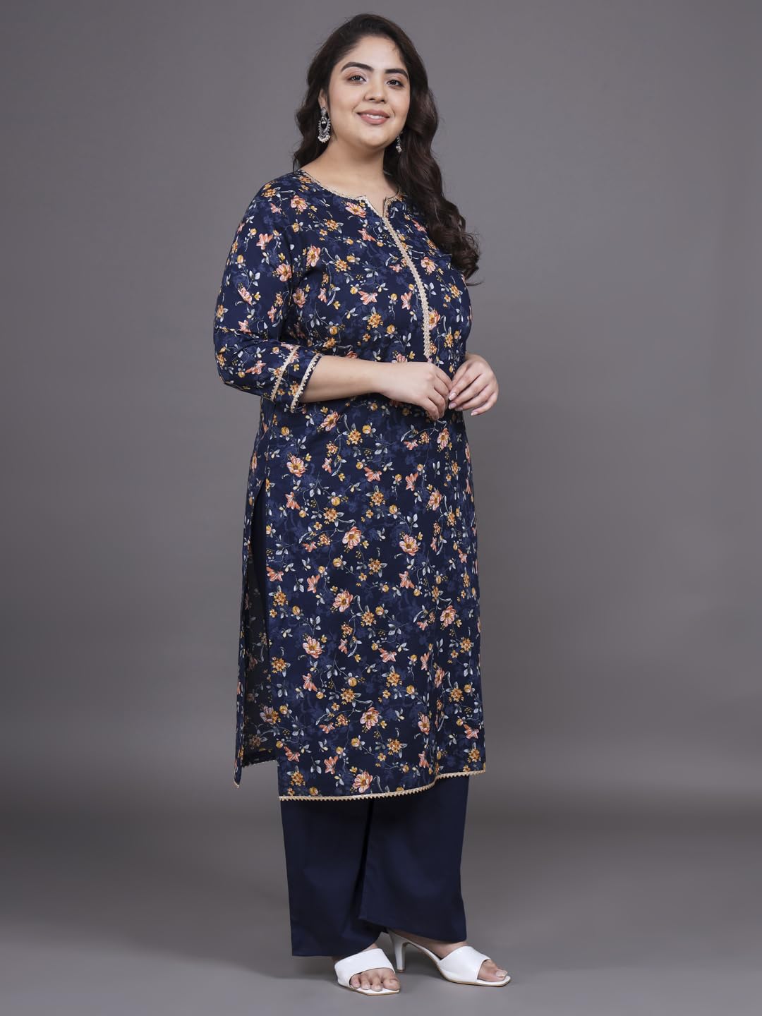 Tissu Women's Plus Size Navy Blue Printed Pure Cotton Kurta Palazzo With Dupatta (676_Dark Blue_4Xl)