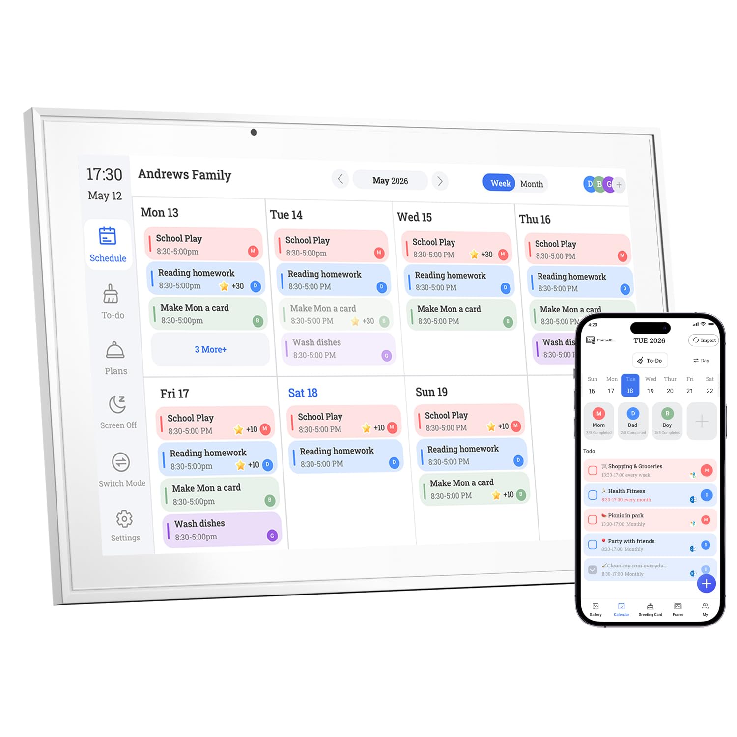 Calendario digitale da 10,1 pollici e diagramma delle faccende domestiche, planner interattivo da parete touchscreen, organizzatore intelligente per la famiglia per gli orari familiari