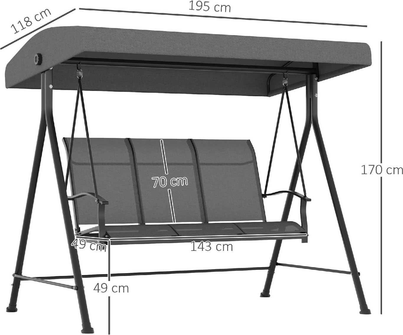 Dondolo da Giardino 3 Posti con Tettuccio Parasole in Metallo/Poliestere Dimensioni 195x118x170 cm Colore Grigio Scuro