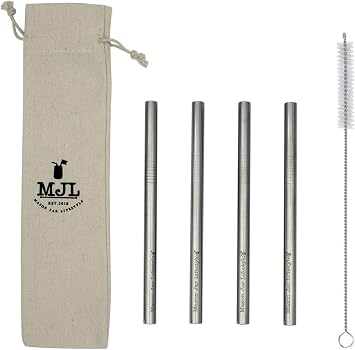 Medium Stainless Steel Smoothie Straws for Pint Mason Jars, Medium Cups, Pint Glasses 4 Pack + Cleaning Brush