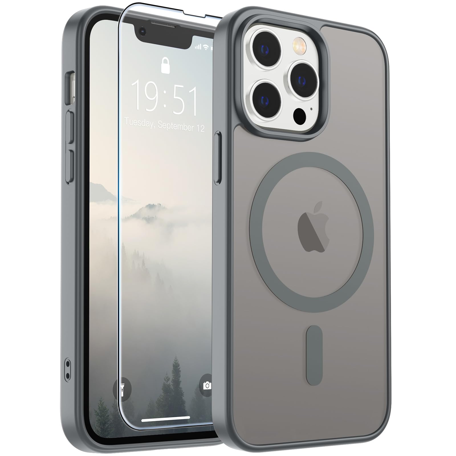 SUPFINE Magnetic for iPhone 13 Pro Max Case Gray | With Screen Protector, Translucent Matte, Compatible with MagSafe, Military Grade Drop Proof, Rugged Shockproof Protective