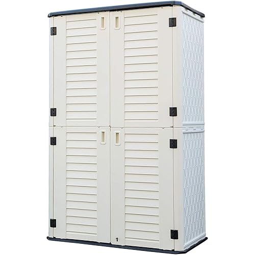 HOMSPARK Storage Shed Weather Resistance, Multi-Purpose Outdoor Storage Cabinet for Backyards and Patios, Vertical Storage Shed for Lawnmower, Patio Accessories (White 1, Tall - 53 cu.ft)