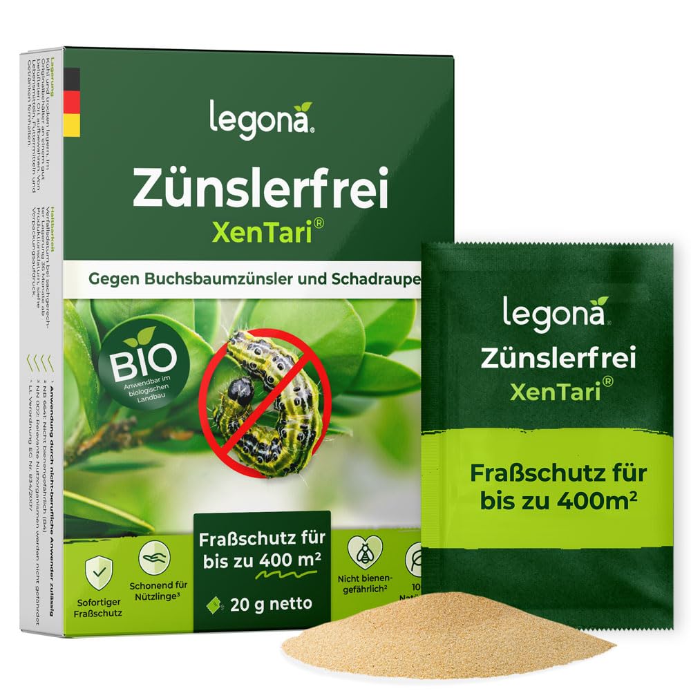 Legona® Xentari Zünslerfrei & Raupenfrei Buchsbaumzünsler Spritzmittel | Biologische Bekämpfung vom Zünsler, Kohlweißling & Frostspanner | 3x20g einfach zu dosieren | Nicht bienengefährlich
