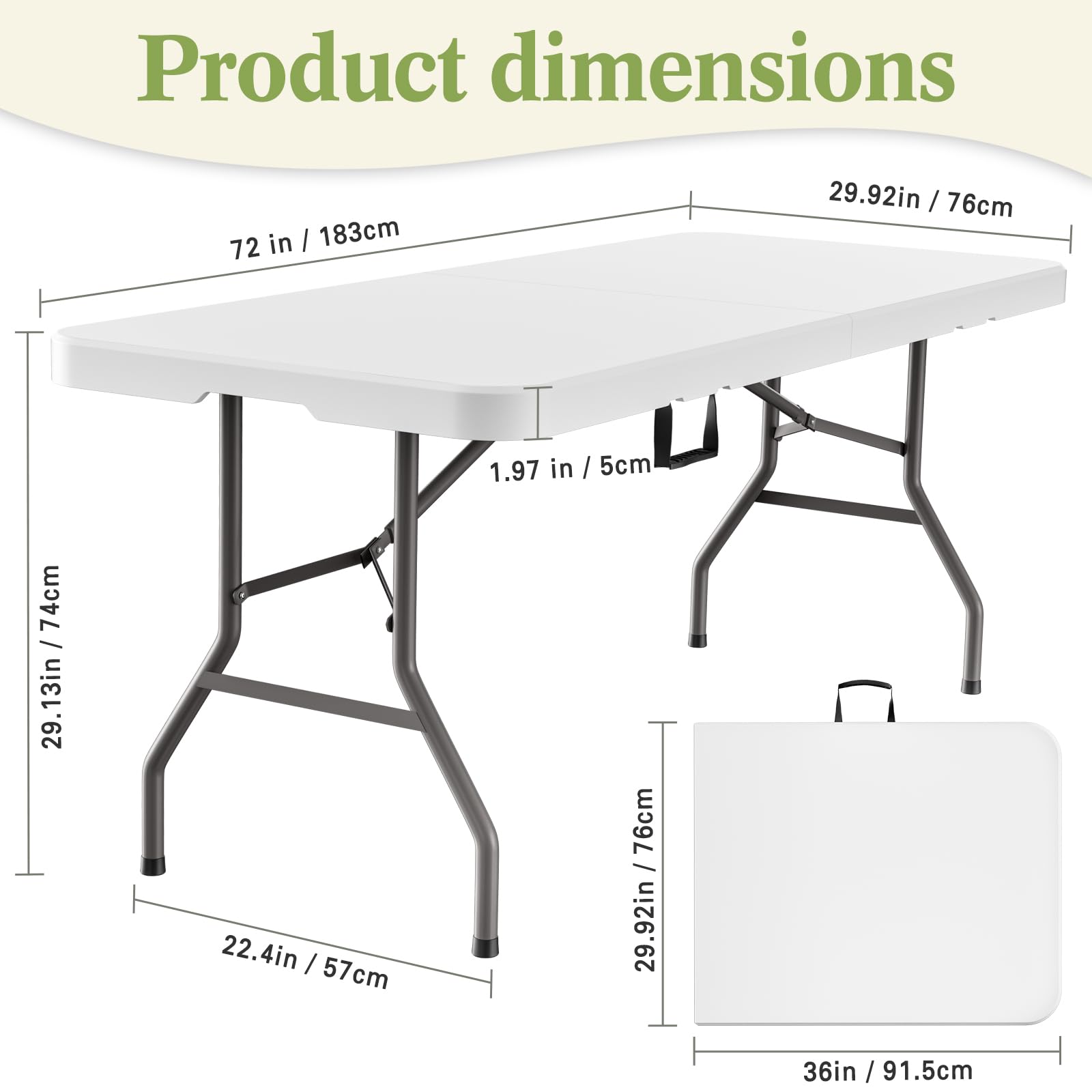 MEI&CO 6ft Heavy Duty Outdoor Folding Table for 6 - Sturdy HDPE Top, 350lbs Capacity, Foldable Lockable Design, No Assembly - Camping Parties Picnics (White)