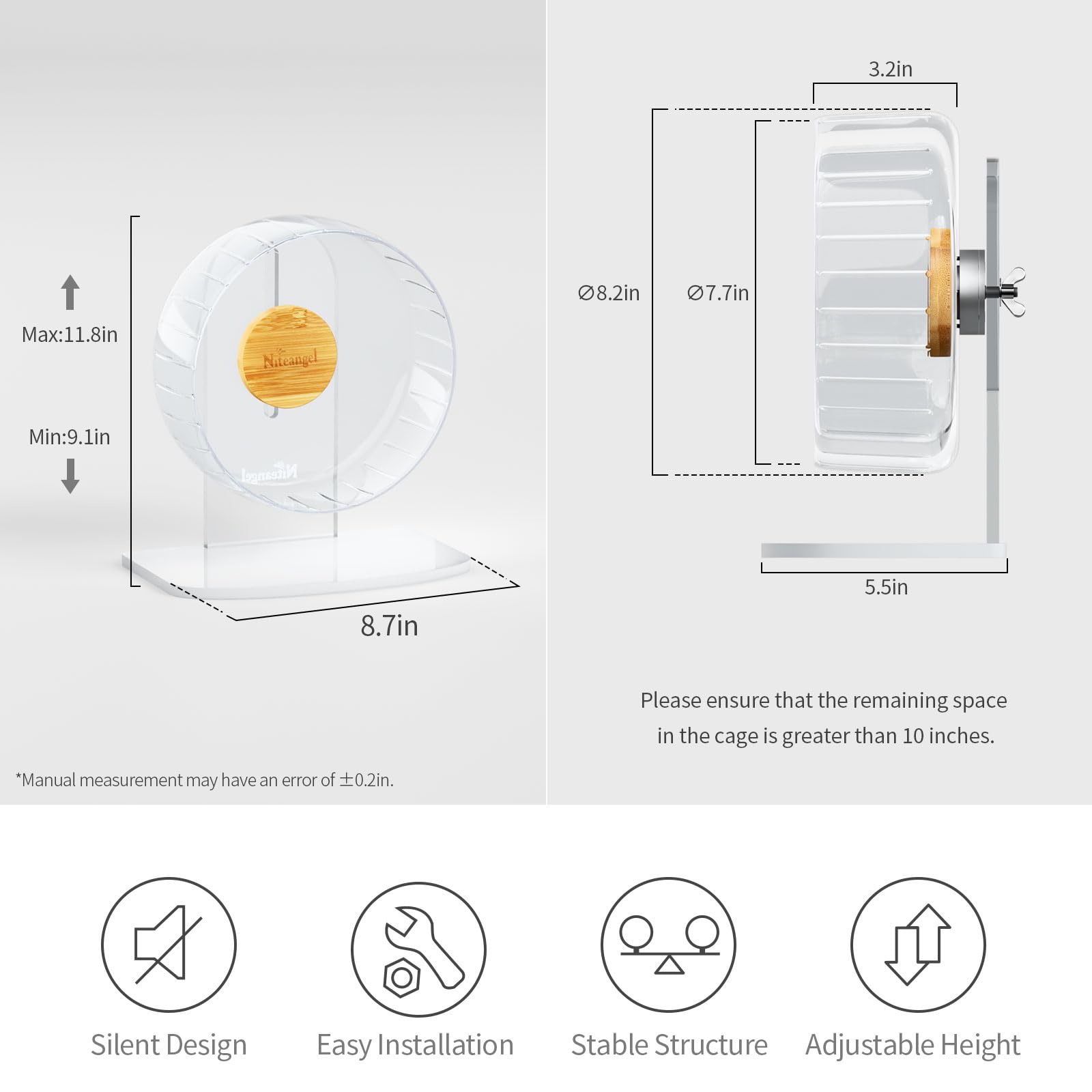Niteangel Super-Silent Hamster Exercise Wheels: - Quiet Spinner Hamster Running Wheels with Adjustable Stand for Hamsters Gerbils Mice Or Other Small Animals (S, Transparent) - image 2