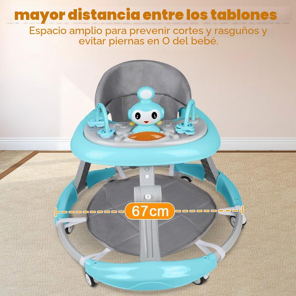 Estación de Juego Electrónica Extraíble con Luces y Melodías, Andador para Bebé Plegable, Altura Ajustable, Fácil de Almacenar, 6 Meses y Más - 70 * 70 * 91 cm - Azul