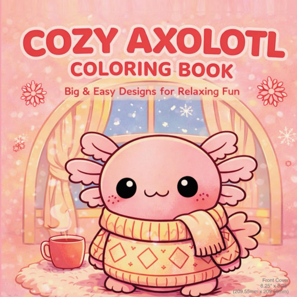 Cozy Axolotl Colouring book: 40 Big & Easy Cute Axolotl Pages for Teens and Adults – Relaxing, Simple, Bold Line Art with Cozy Aesthetic Scenes for Stress Relief and Mindfulness