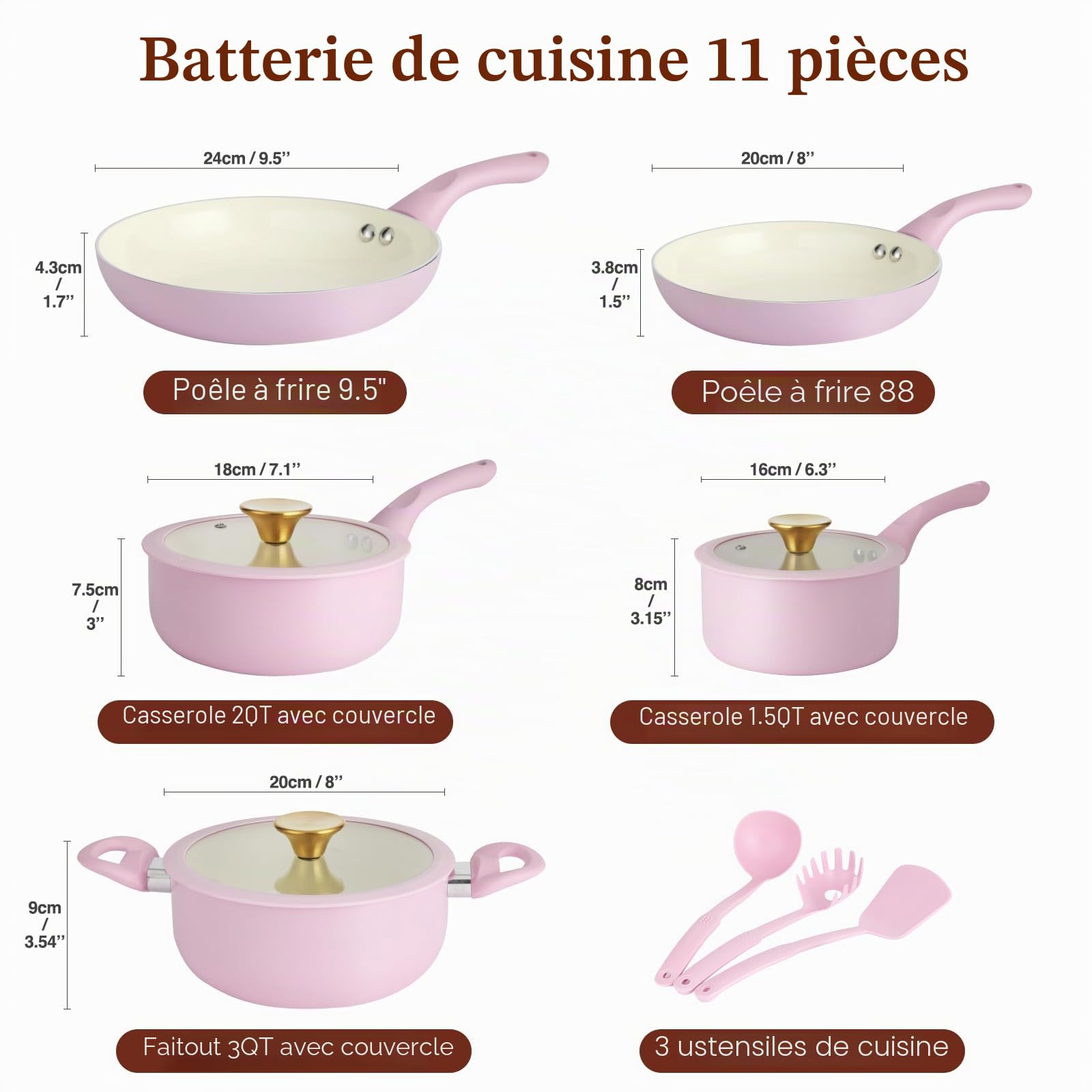 M MELENTA Batterie de cuisine 11 pièces en céramique antiadhésive rose - Set casseroles et poêles compatible tout feux dont induction