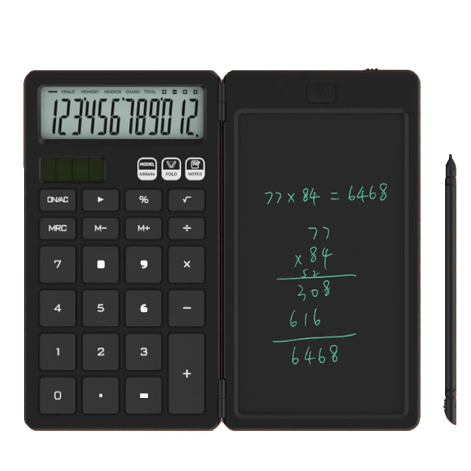 Calcolatrice scientifica con ampio display a 12 cifre, doppia alimentazione, tavoletta di scrittura cancellabile, portatile, per ufficio e scuola